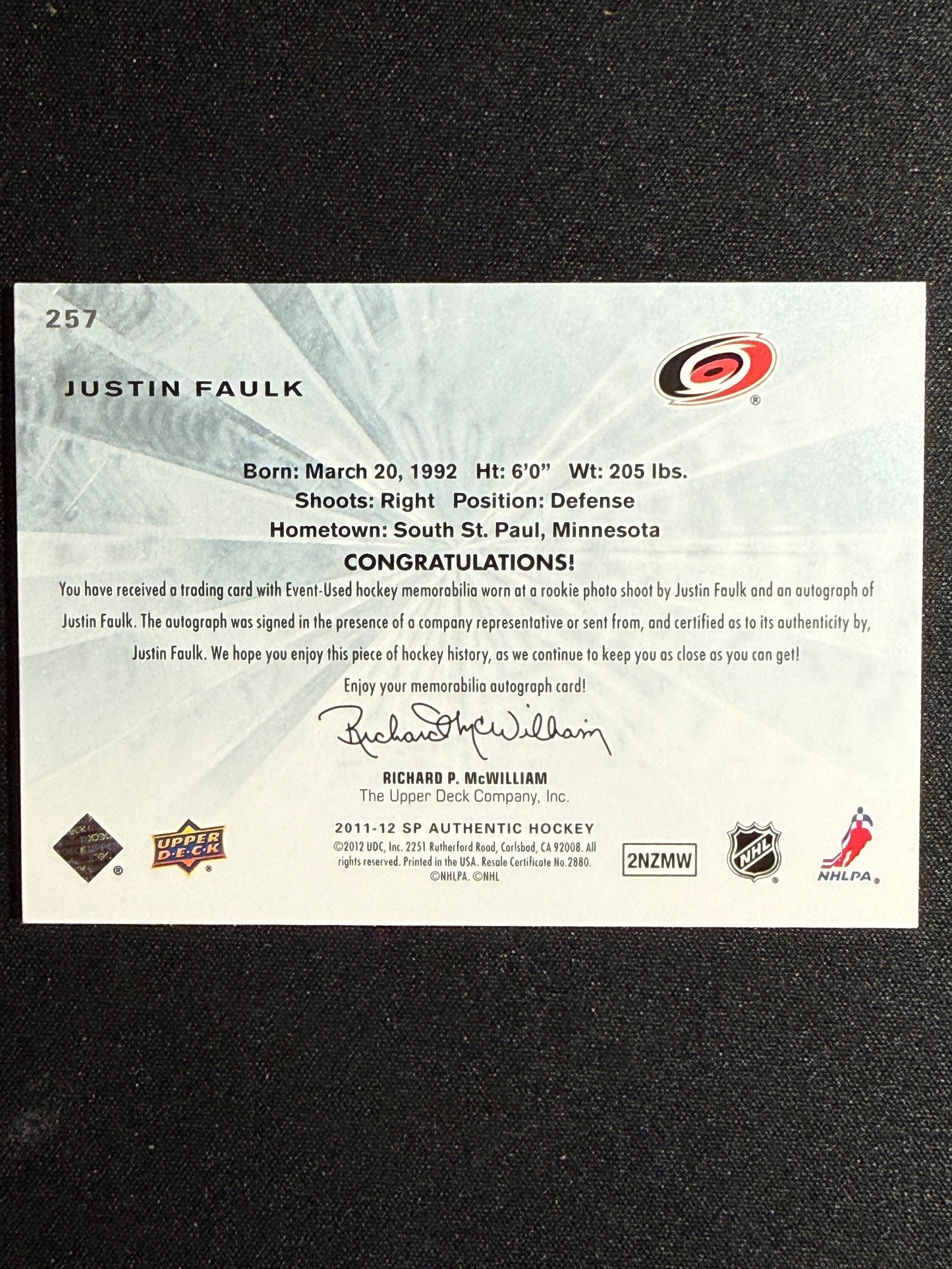 45/100 | Justin Faulk #257 Limited Auto Patch