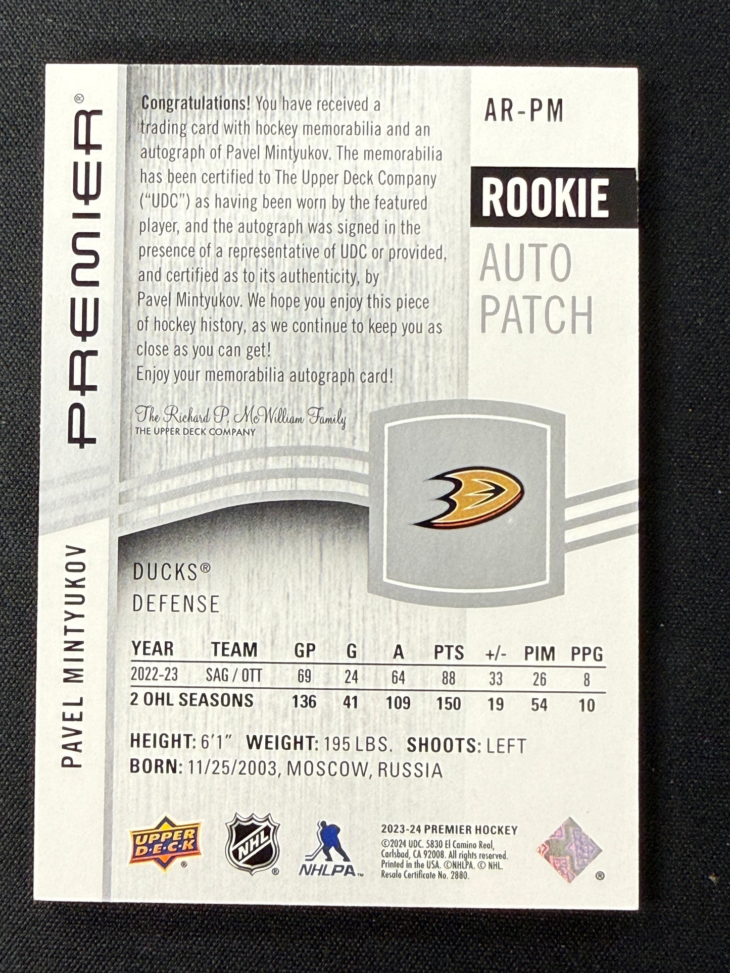 Pavel Mintyukov 23-24 Premier Hockey Rookie Auto Patch 181/249