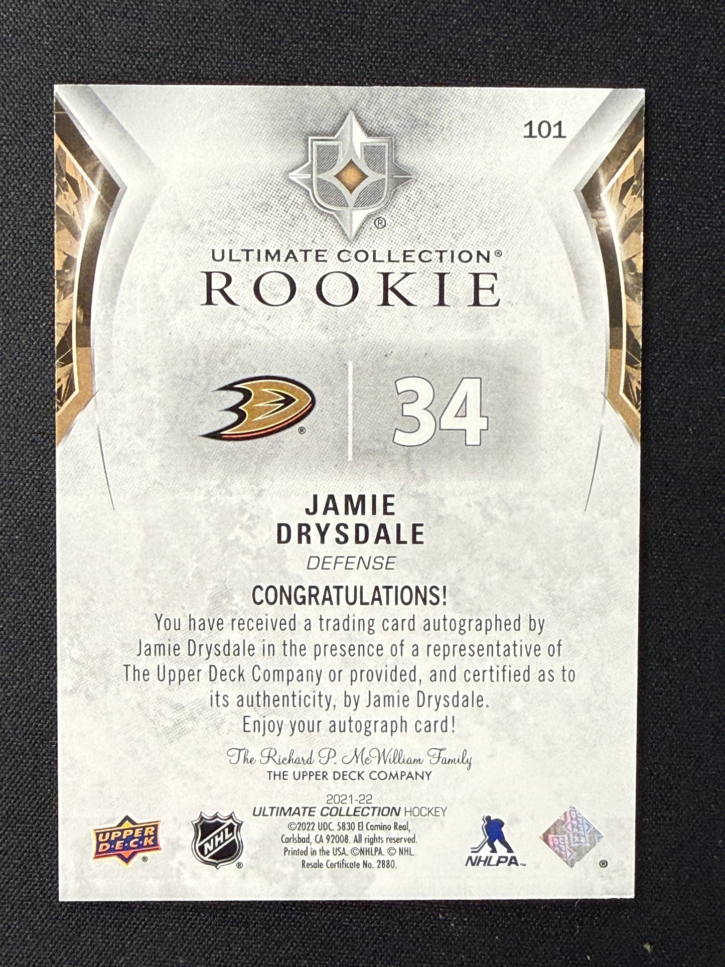 Jamie Drysdale 21-22 Ultimate Collection Hockey Rookie Autographs 38/299 #101