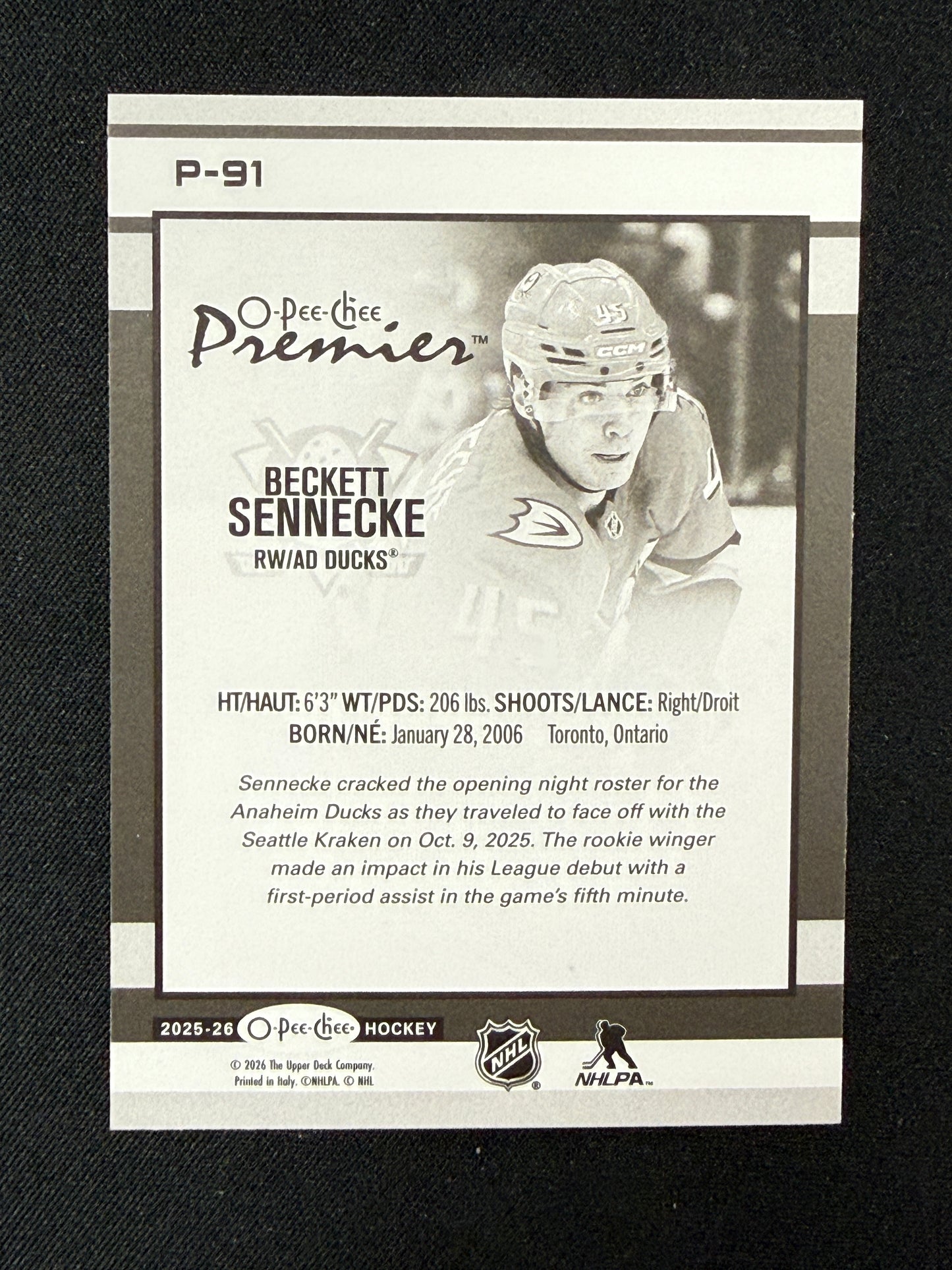 Beckett Sennecke [RC] #P-91 O-Pee-Chee Premier