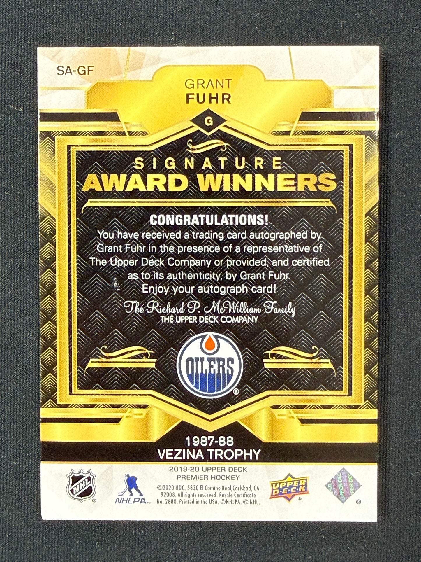 Grant Fuhr 19-20 Premier Hockey Signature Award Winners 40/49