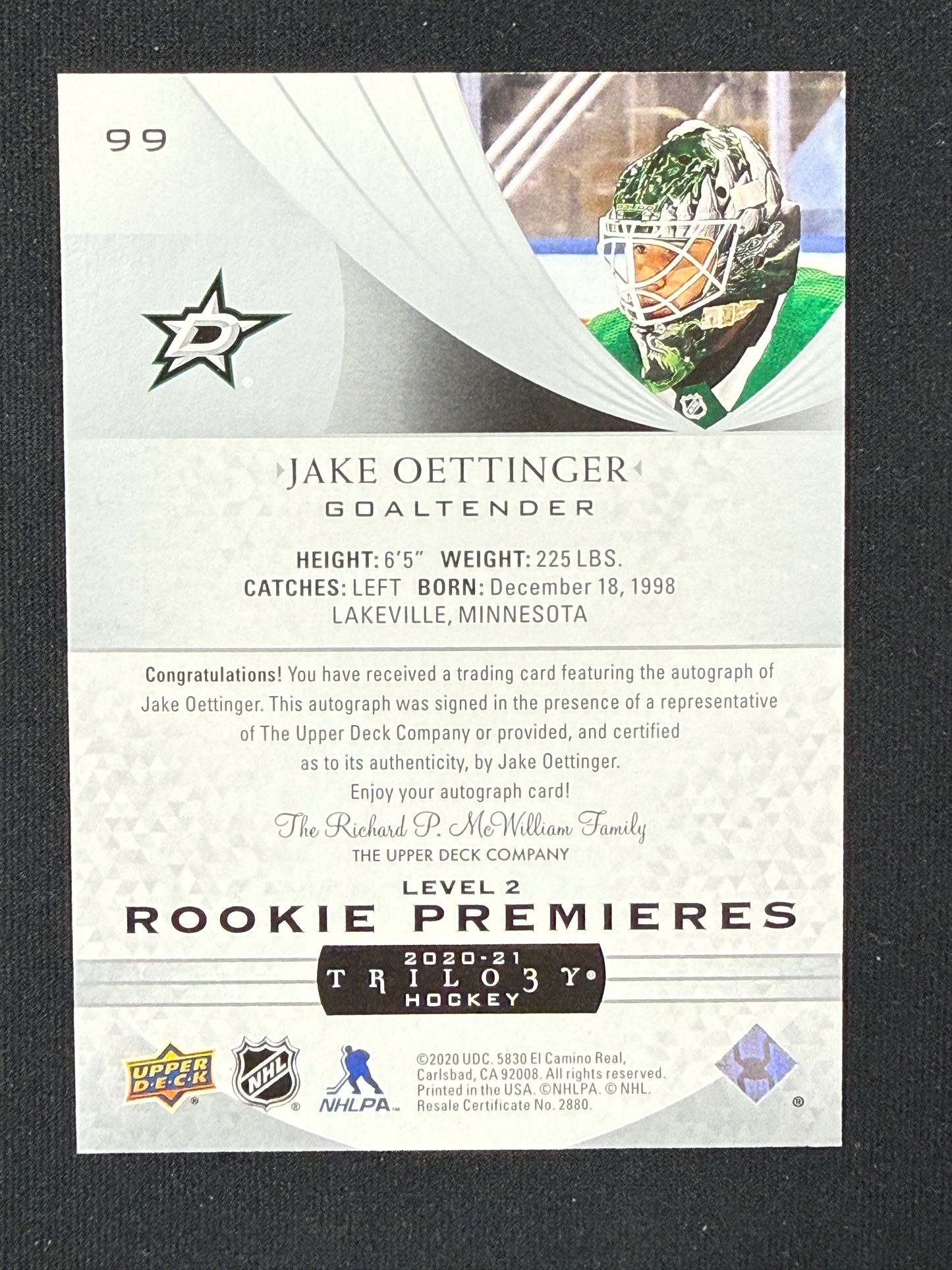 Jake Oettinger 20-21 Trilogy Rookie Premieres Level 2 #99