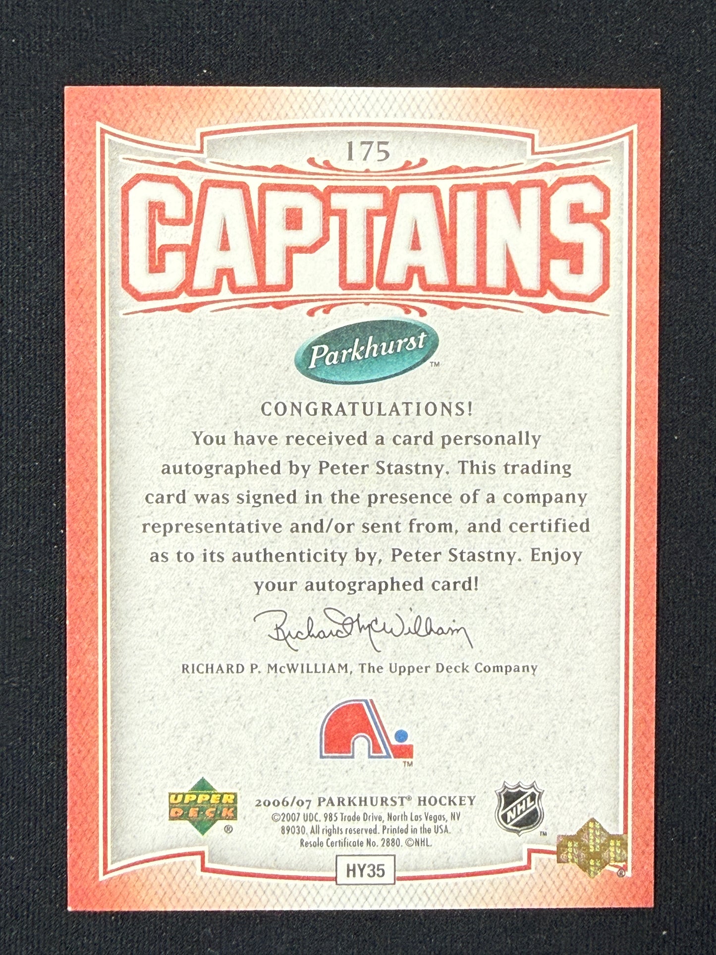 Peter Stastny #175 Parkhurst Captains Auto