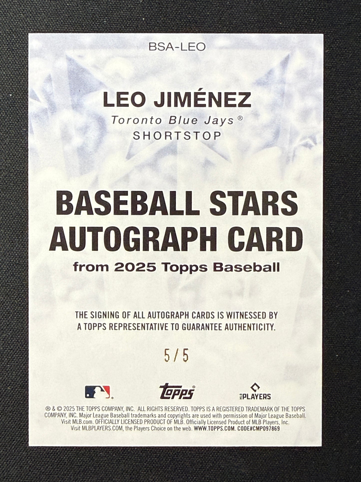 Leo Jimenez [RC] #BSA-LEO Baseball Stars Autograph /5