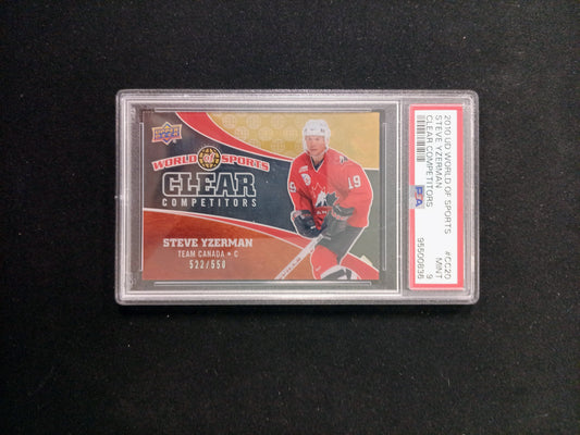 Hockey trading card featuring Steve Yzerman with a clear protective case on a black background