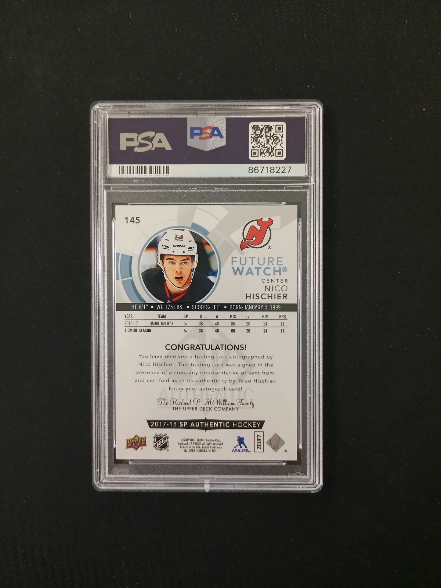 [PSA 9] Nico Hischier Auto #145 2018 SP Authentic '17 SP Authentic UPC-Auto