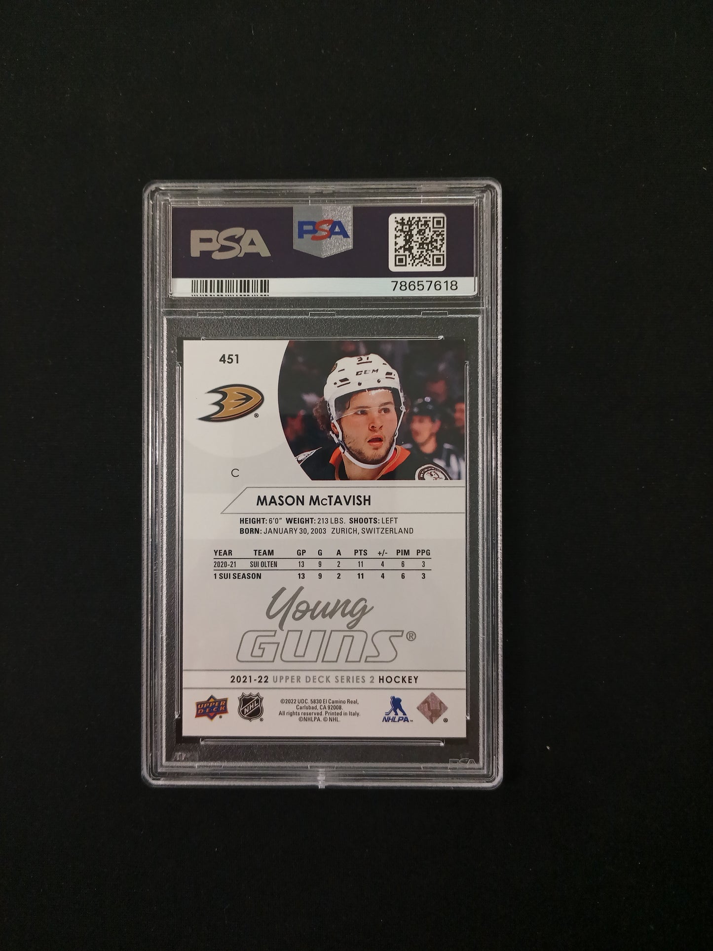 [PSA 9] Mason McTavish Young Guns #451 2021-22 Upper Deck Series 2 Hockey