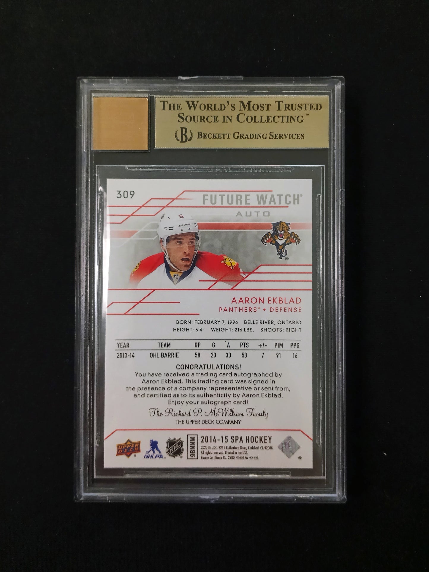 [Beckett 9.5 - Auto 10] Aaron Ekblad Auto #309 2014-15 SP Authentic