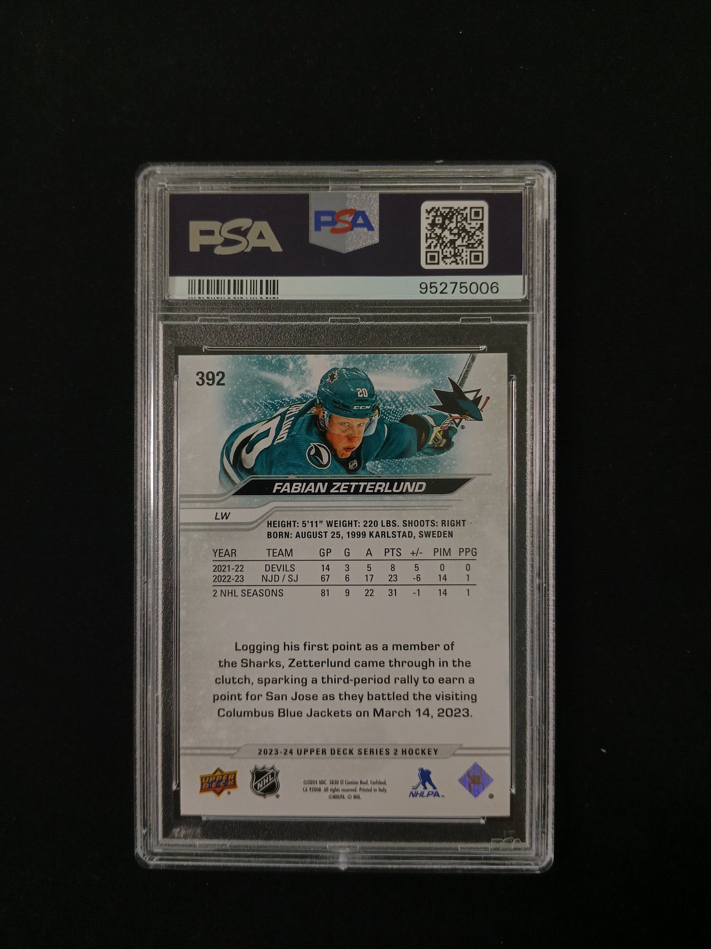 [PSA 9] Fabian Zetterlund #392 2023 Upper Deck Deluxe