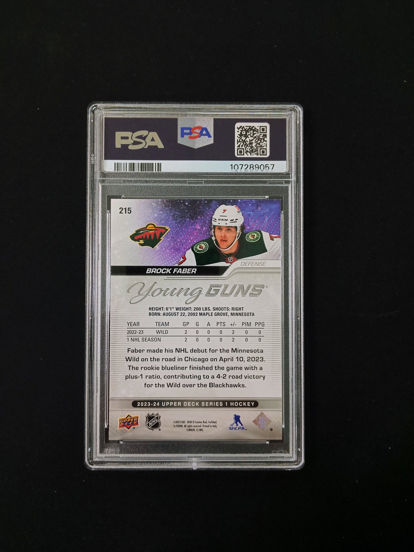 [PSA 9] Brock Faber #215 2023-24 Young Guns Upper Deck Series 1 Hockey