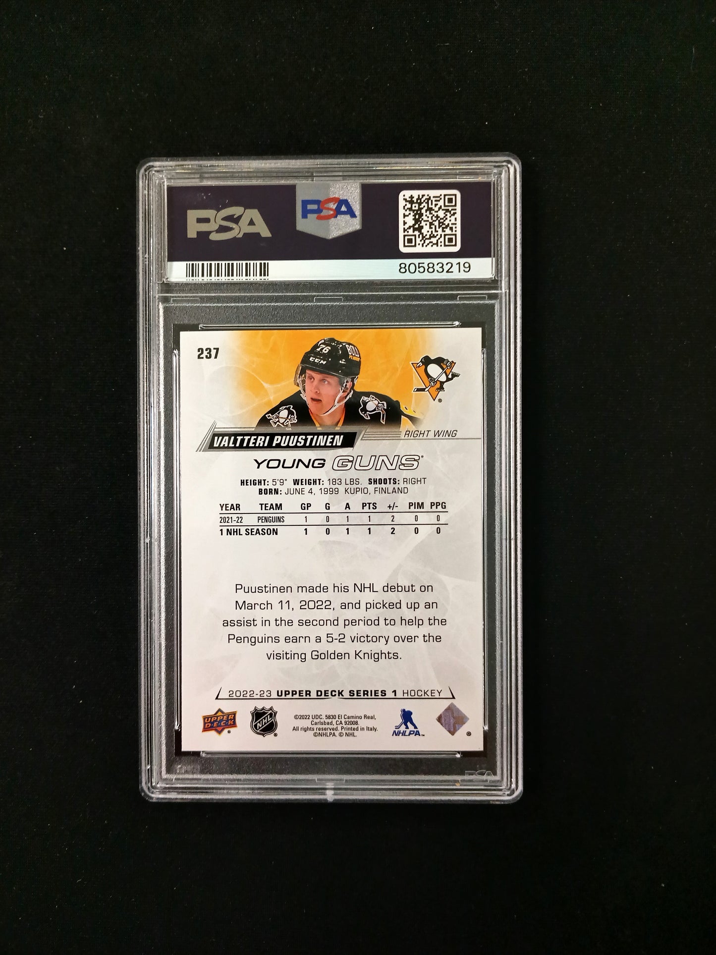 [PSA 10] Valtteri Puustinen #237 Speckled Rainbow Foil 2022-23 Young Guns