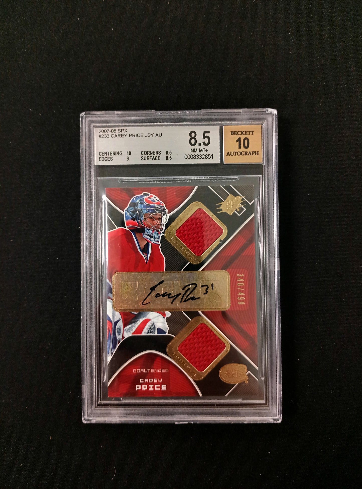 [BGS 8.5 - Auto 10] 340/499 Carey Price Auto Patch #233 2007-08 SPX