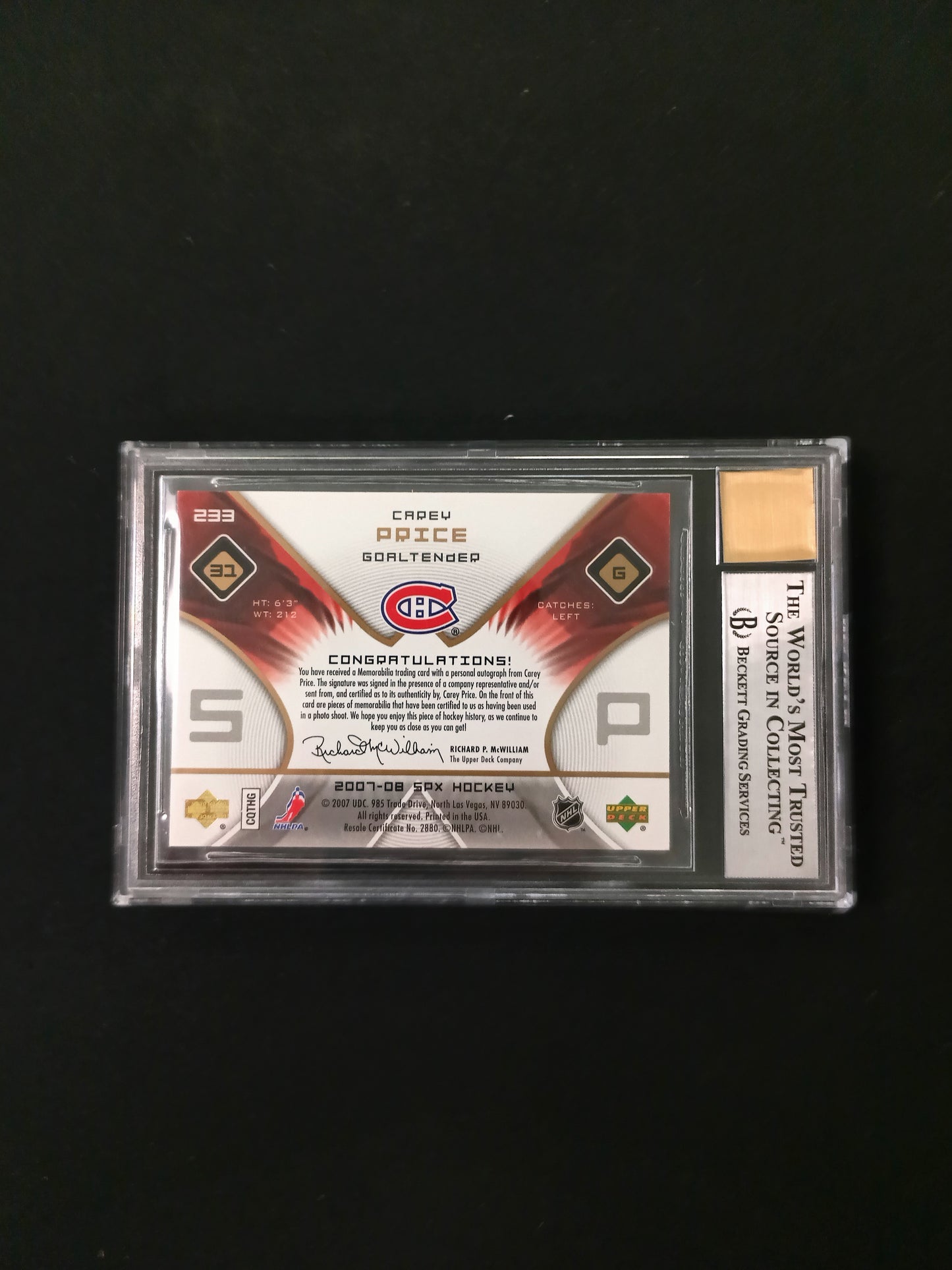 [BGS 8.5 - Auto 10] 340/499 Carey Price Auto Patch #233 2007-08 SPX