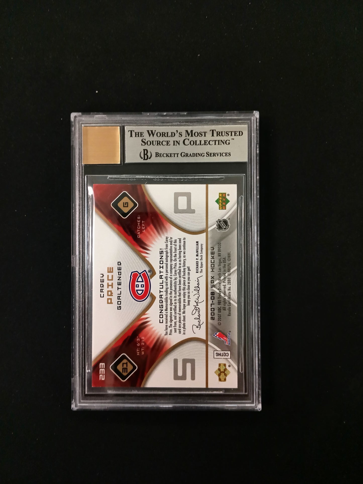 [BGS 8.5 - Auto 10] 340/499 Carey Price Auto Patch #233 2007-08 SPX