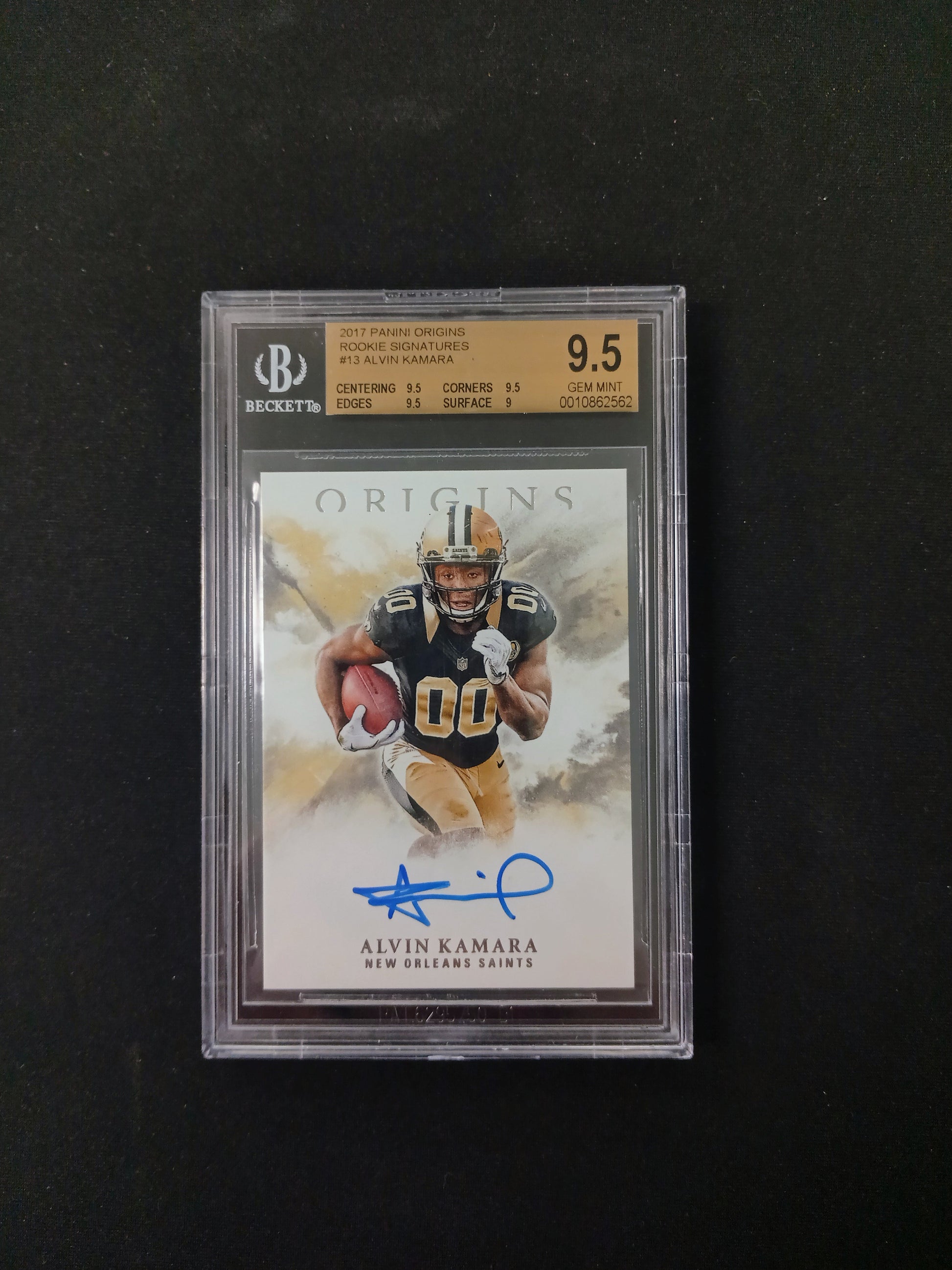 Football trading card of Alvin Kamara with BGS grading label on a black background