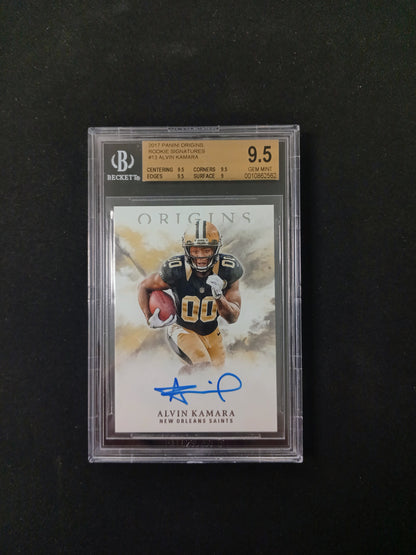 Football trading card of Alvin Kamara with BGS grading label on a black background