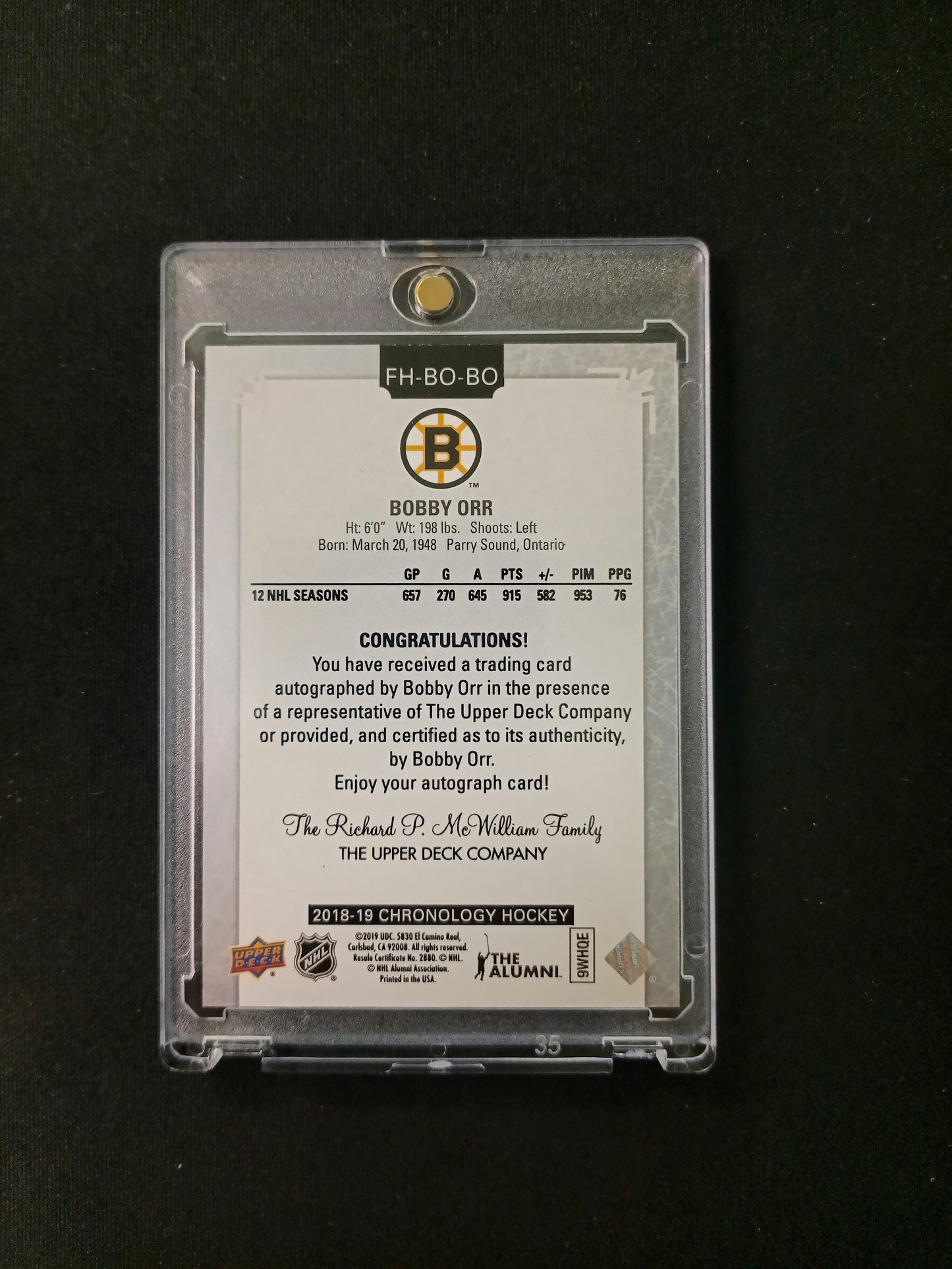 Bobby Orr #FH-BO-BO 2018-19 Chronology