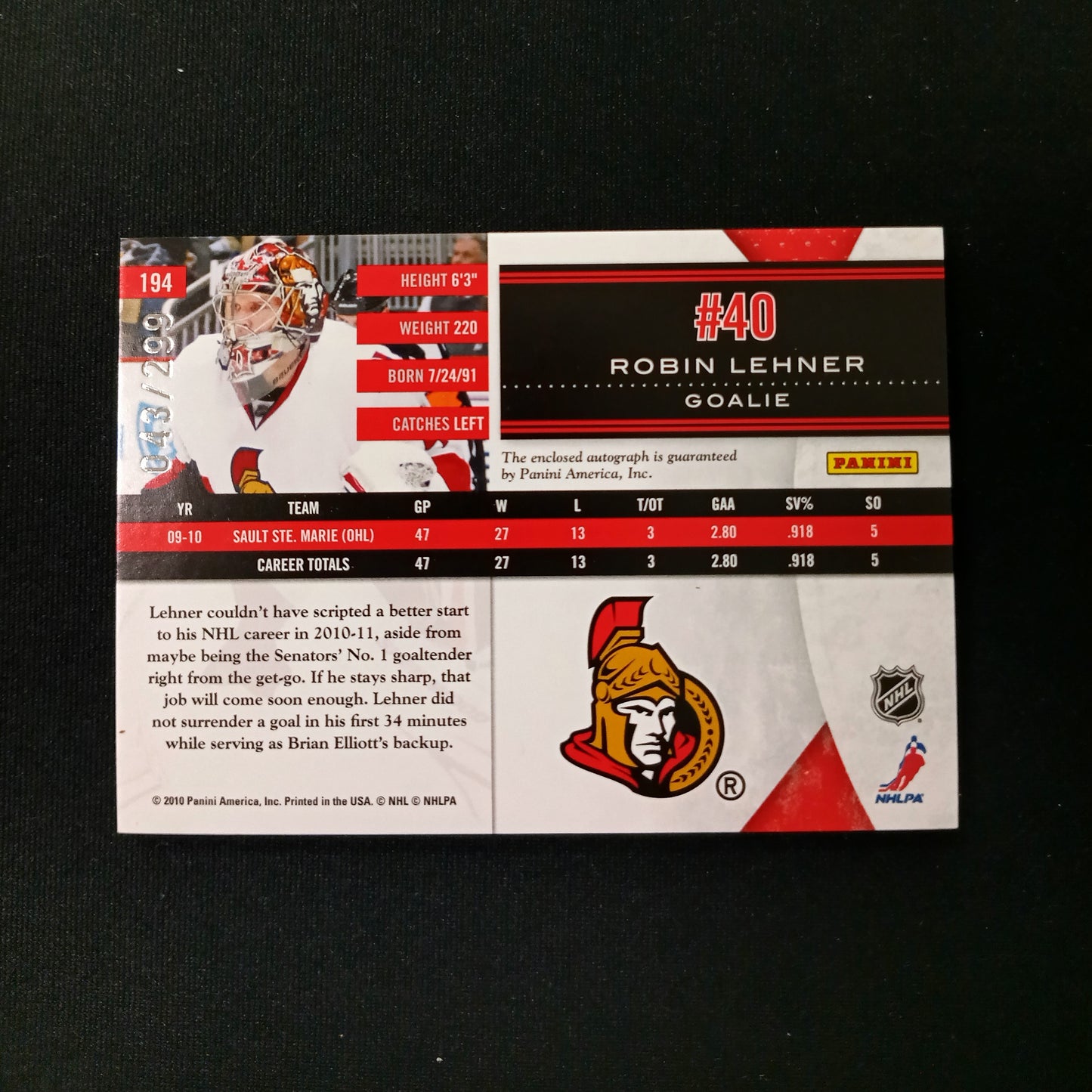 Robin Lehner #194 Phenoms Autographed Patch