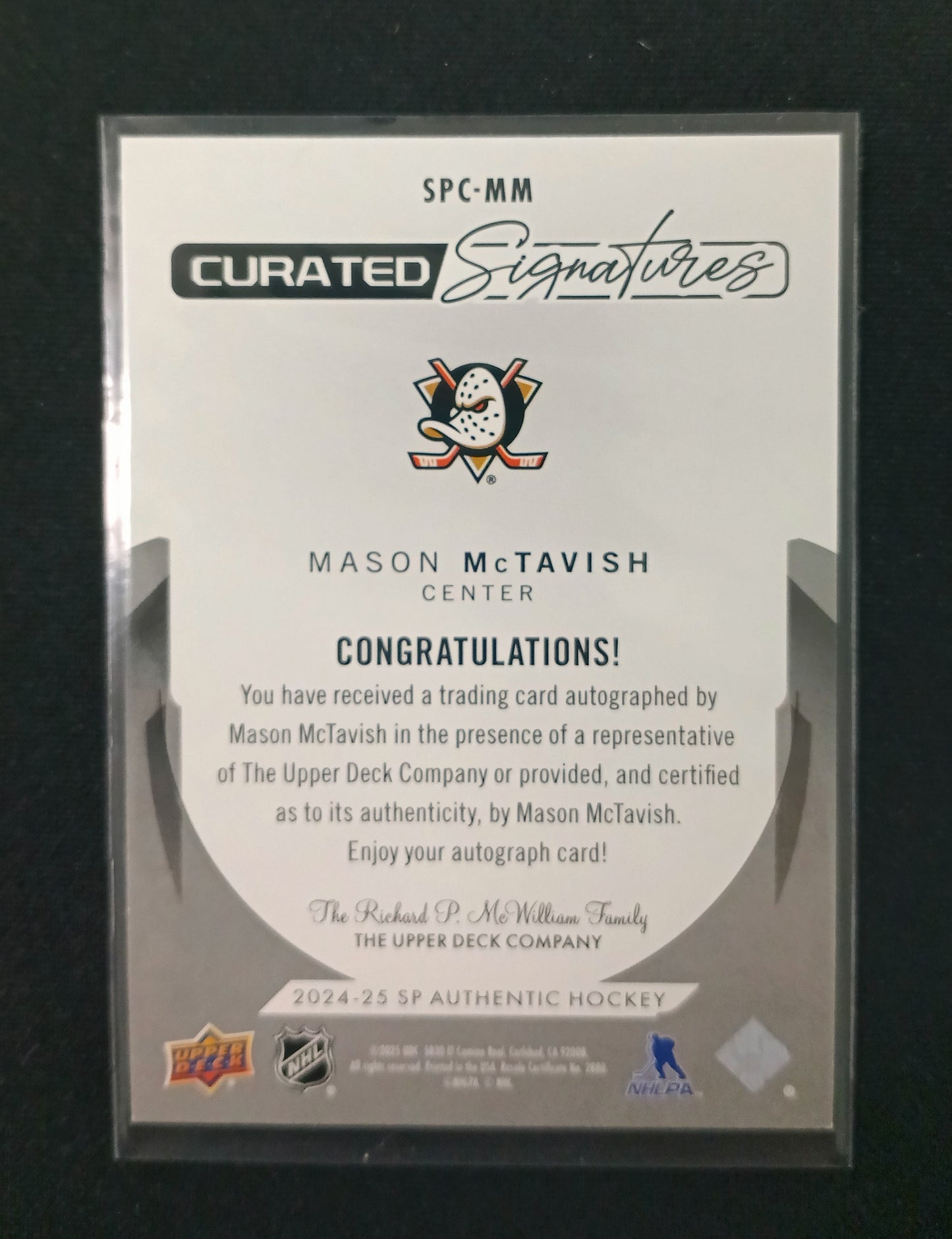 Mason McTavish - Anaheim Ducks #SPC-MM Curated Signatures