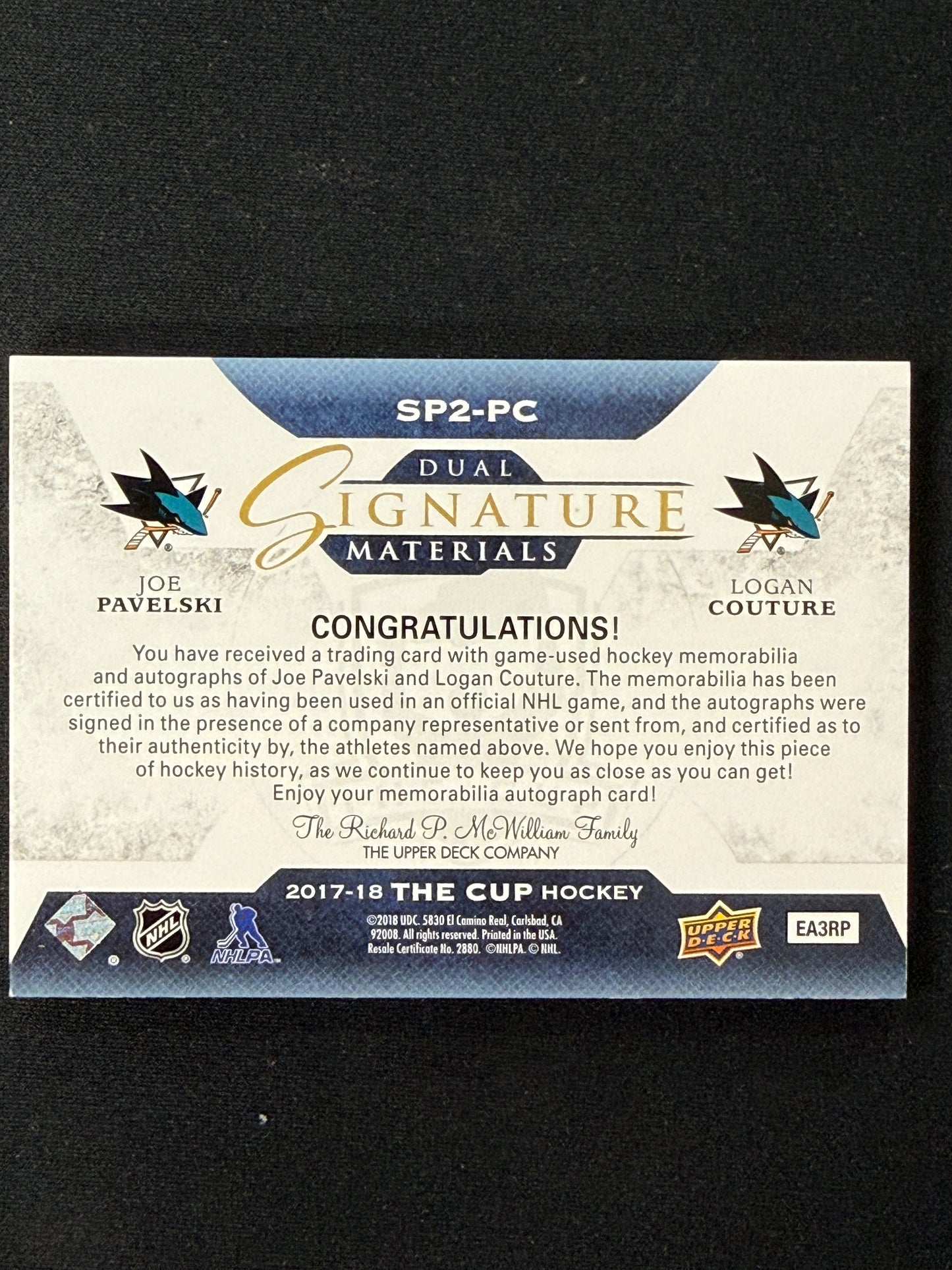 Joe Pavelski / Logan Couture #SP2-PC Dual Signature Materials /35