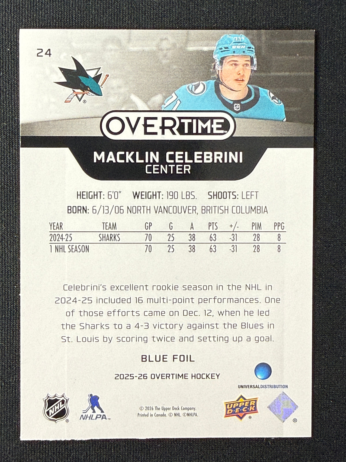 Macklin Celebrini #24 Overtime [Blue Foil]