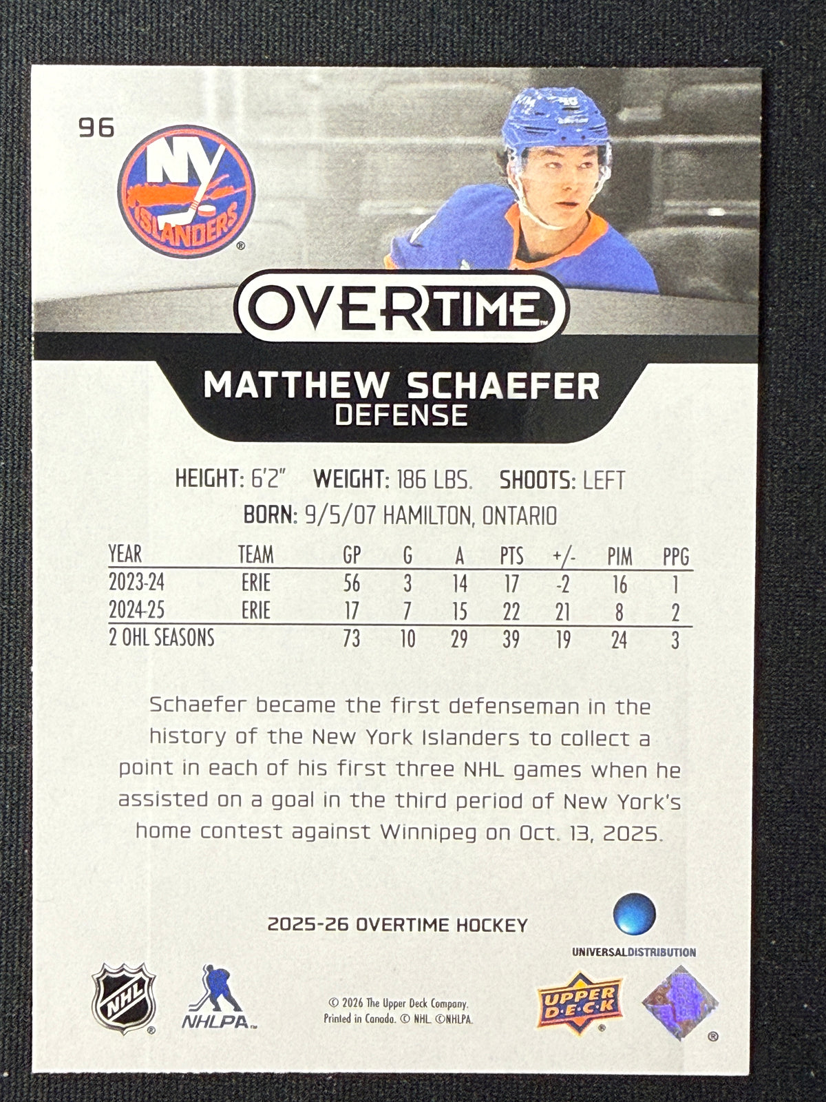 Matthew Schaefer [RC] #96 Overtime Hockey