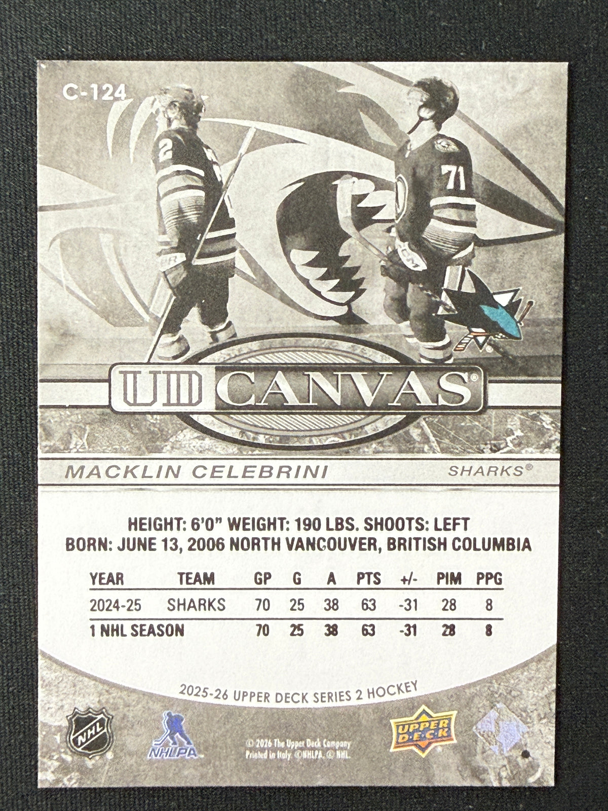 Macklin Celebrini #C-124 UD Canvas [Black & White]
