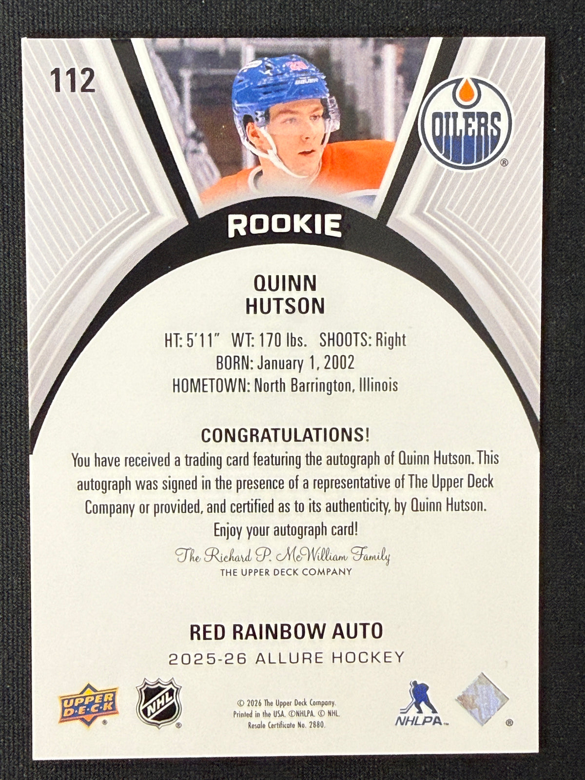 Quinn Hutson [RC] #112 Allure [Red Rainbow Auto]