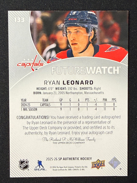 Ryan Leonard 2025-26 SP Authentic Hockey Future Watch Auto 099/999