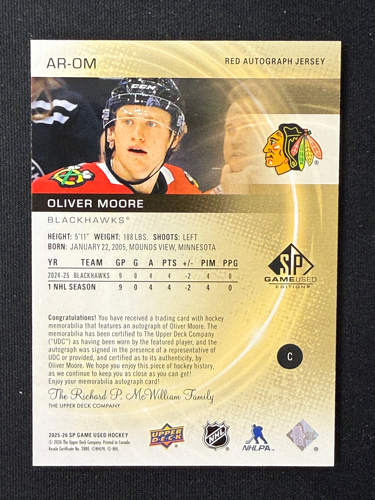 Oliver Moore #AR-OM Authentic Rookies Patch /99