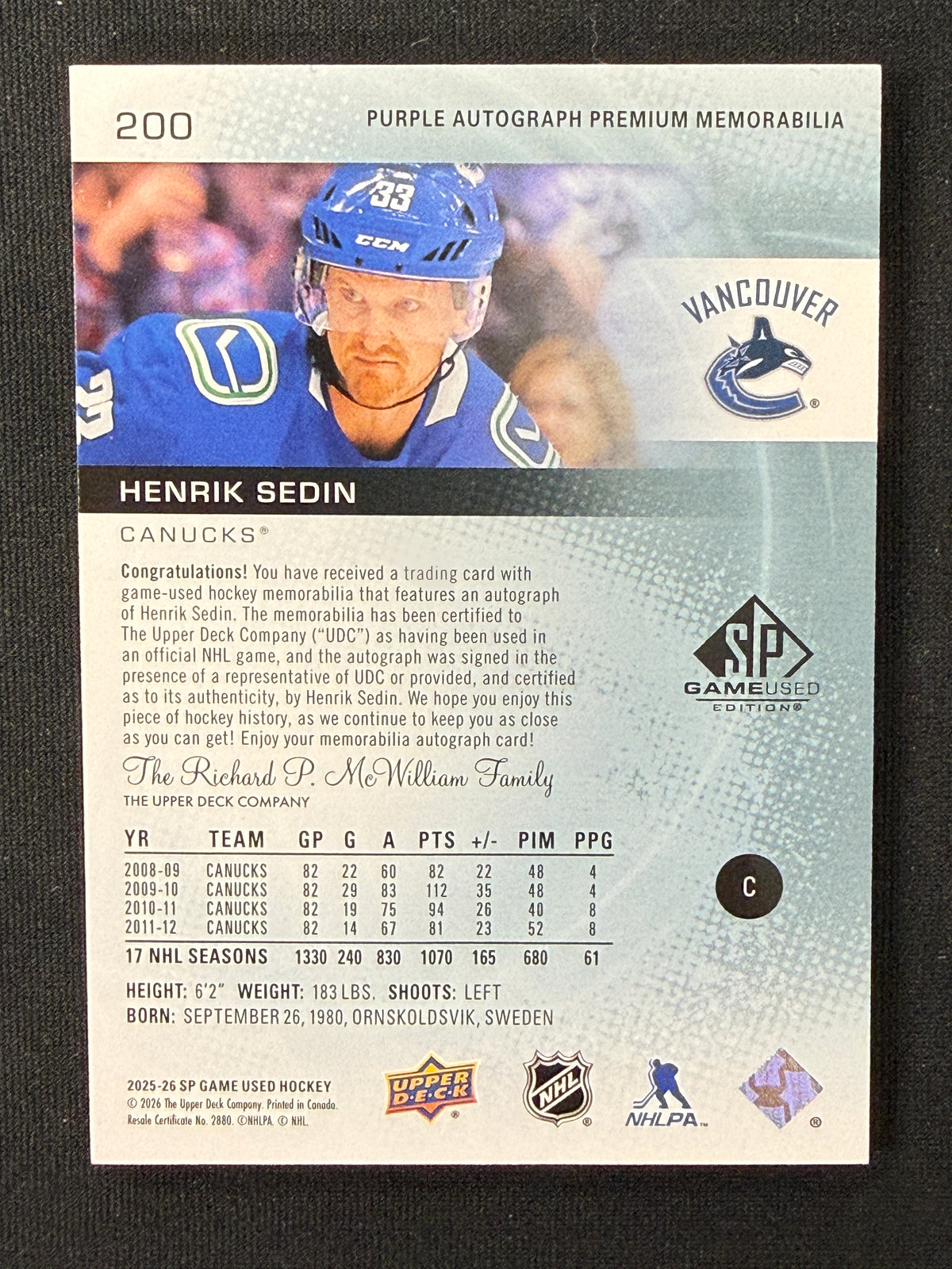 Henrik Sedin 25-26 SP Game Used 5/10
