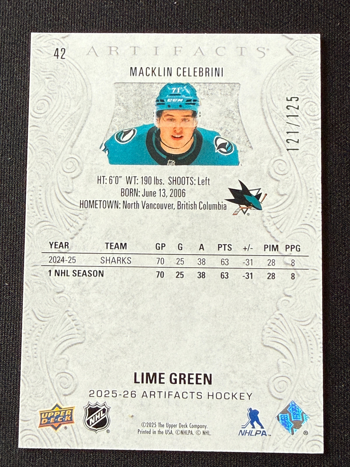 Macklin Celebrini #42 Artifacts [Lime Green] /125