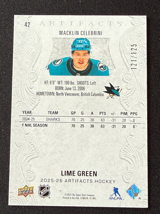 Macklin Celebrini #42 Artifacts [Lime Green] /125