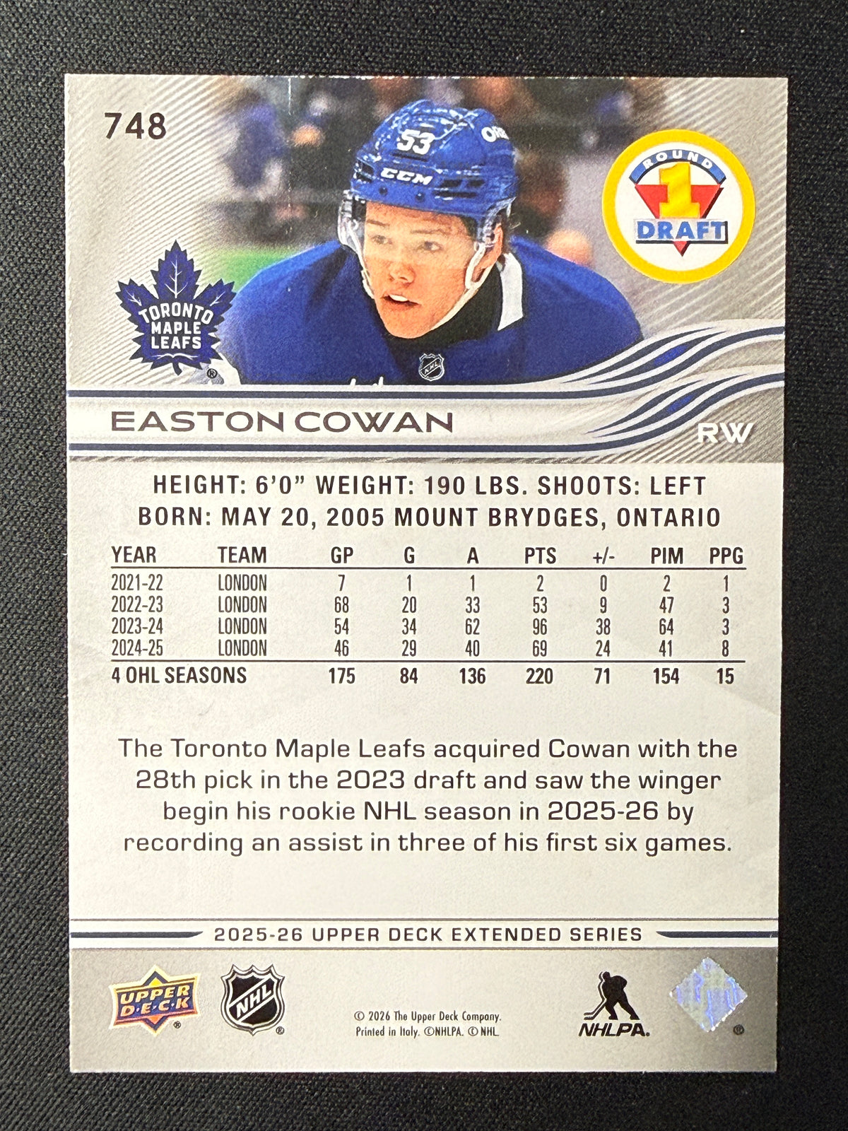 Easton Cowan #748 Round 1 Draft [UD Exclusives] /100