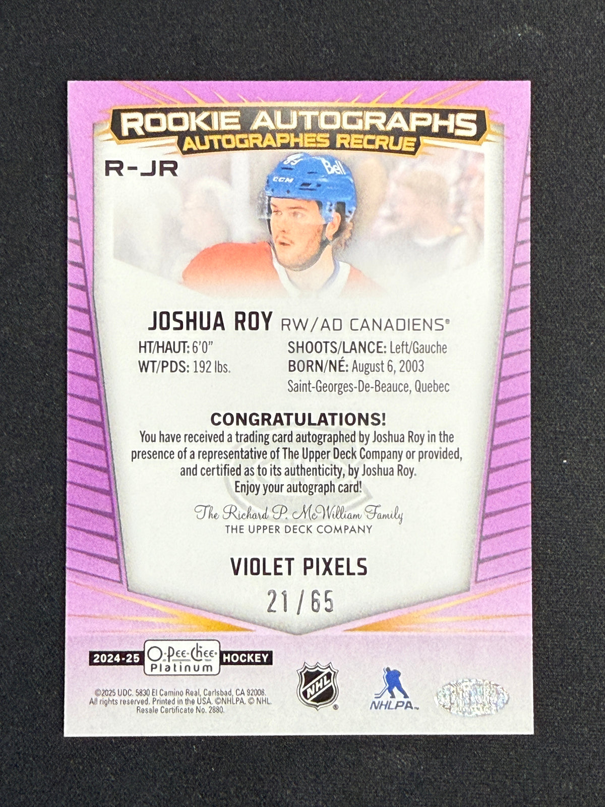 Joshua Roy #R-JR Rookie Autographs [Violet Pixels] /65
