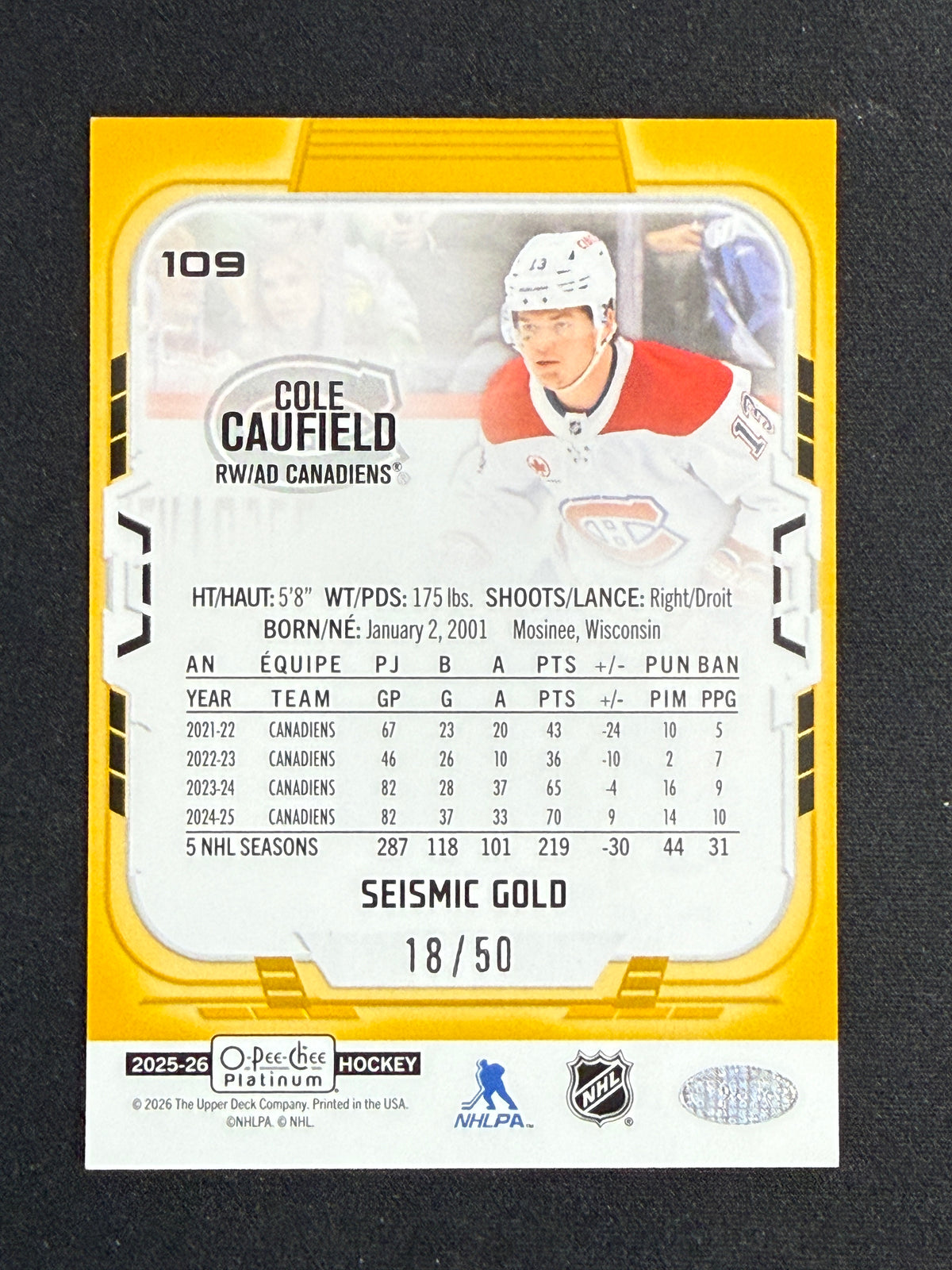 Cole Caufield #109 O-Pee-Chee Platinum [Seismic Gold] /50