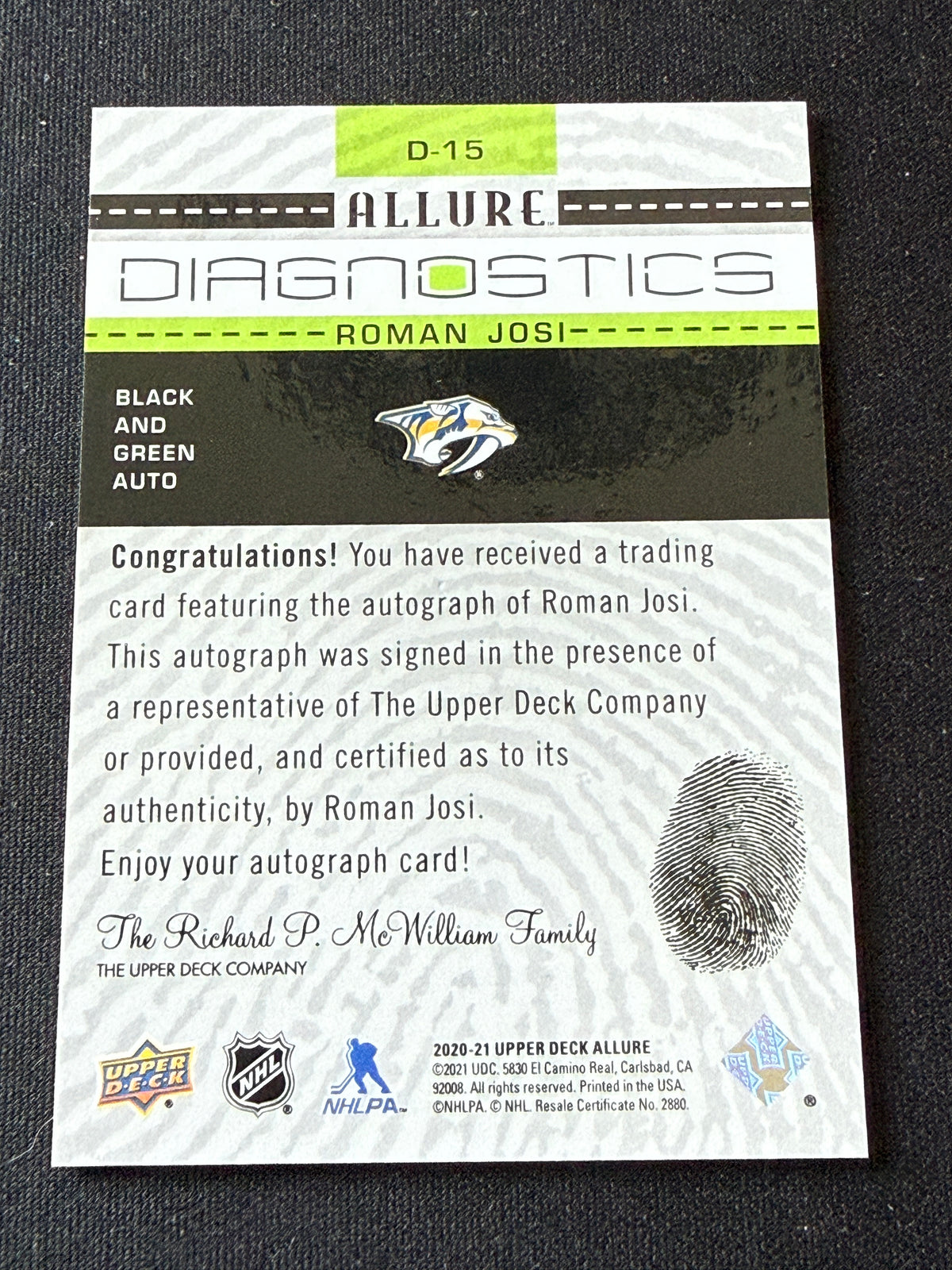 Roman Josi #D-15 Diagnostics [Black And Green Auto]