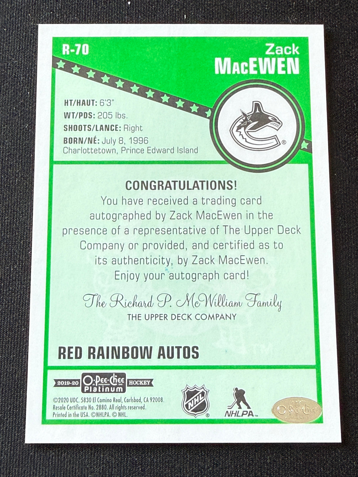 Zack MacEwen [RC] #R-70 O-Pee-Chee Platinum [Red Rainbow Auto]