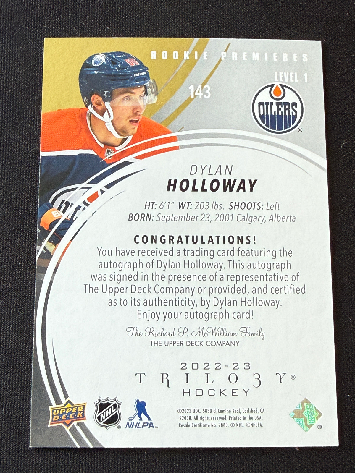 Dylan Holloway #143 Rookie Premieres [Level 1] Auto /299