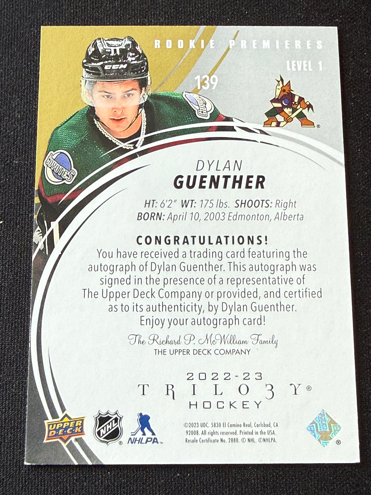 Dylan Guenter #139 Rookie Premieres [Level 1] Auto /299