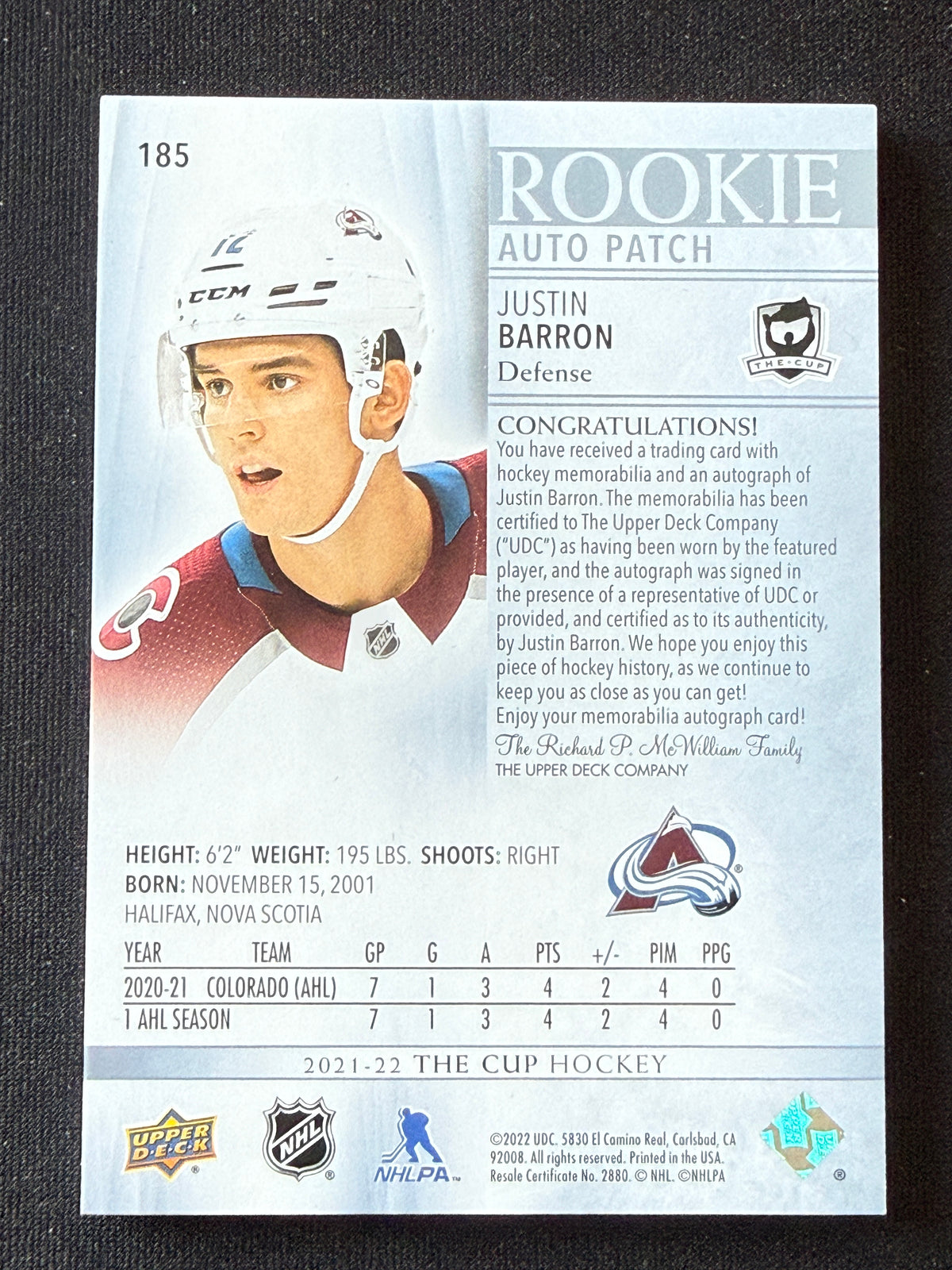 Justin Barron #185 Rookie Auto Patch /249