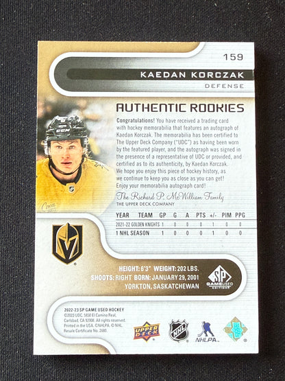 Kaedan Korczak #159 Authentic Rookies /49