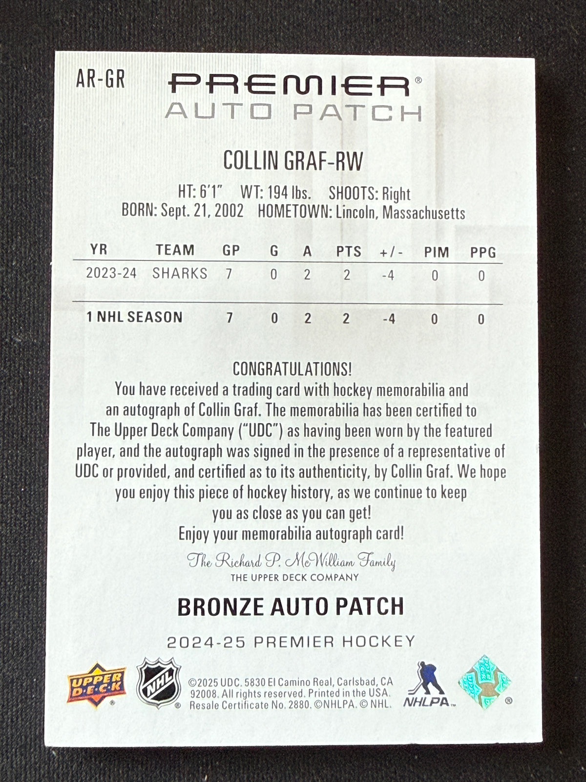 Colin Graf #AR-GR Rookie Auto Patch [Bronze Auto Patch] /249