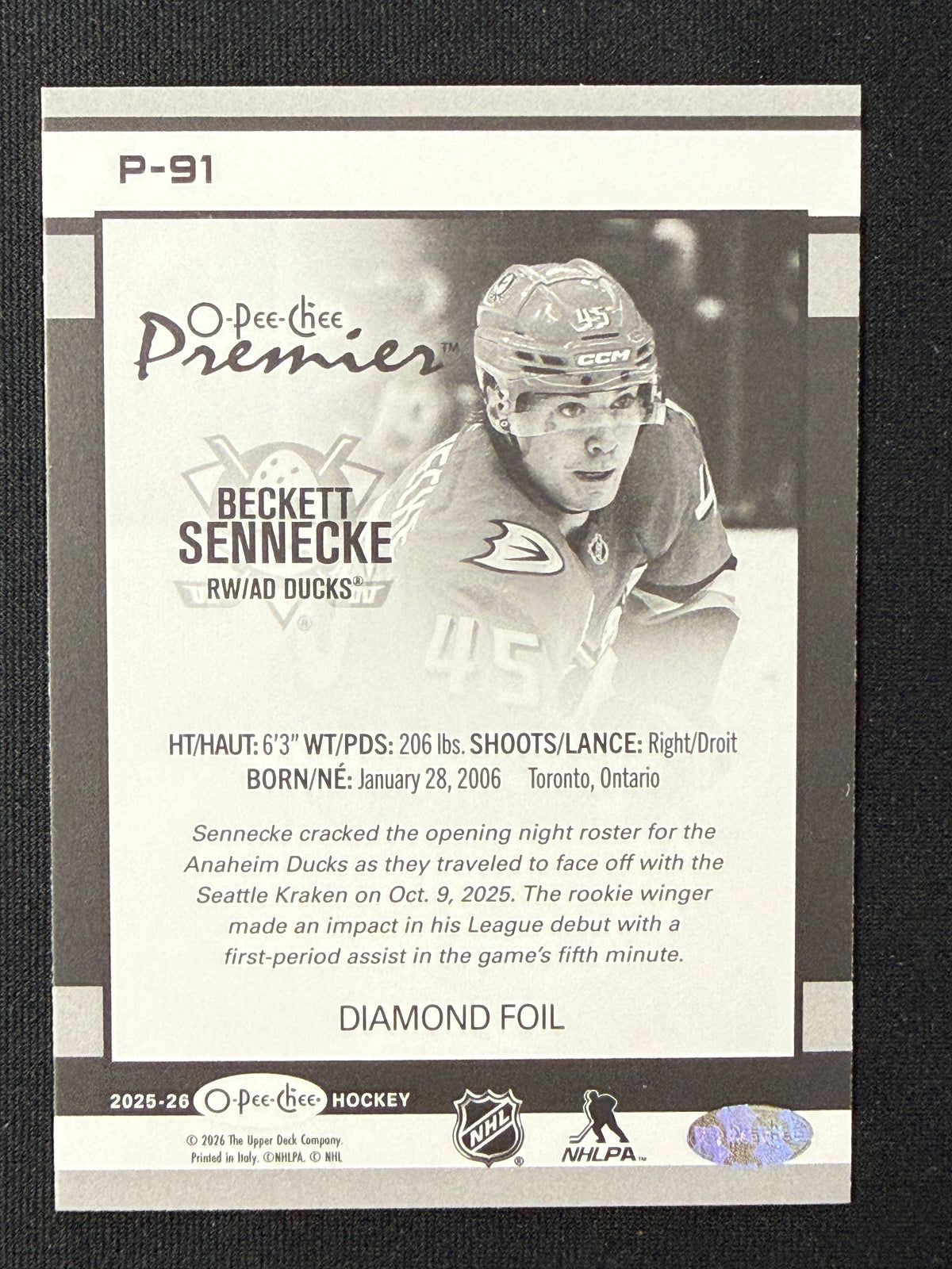 Beckett Sennecke [RC] #P-91 Premier [Diamond Foil] /75