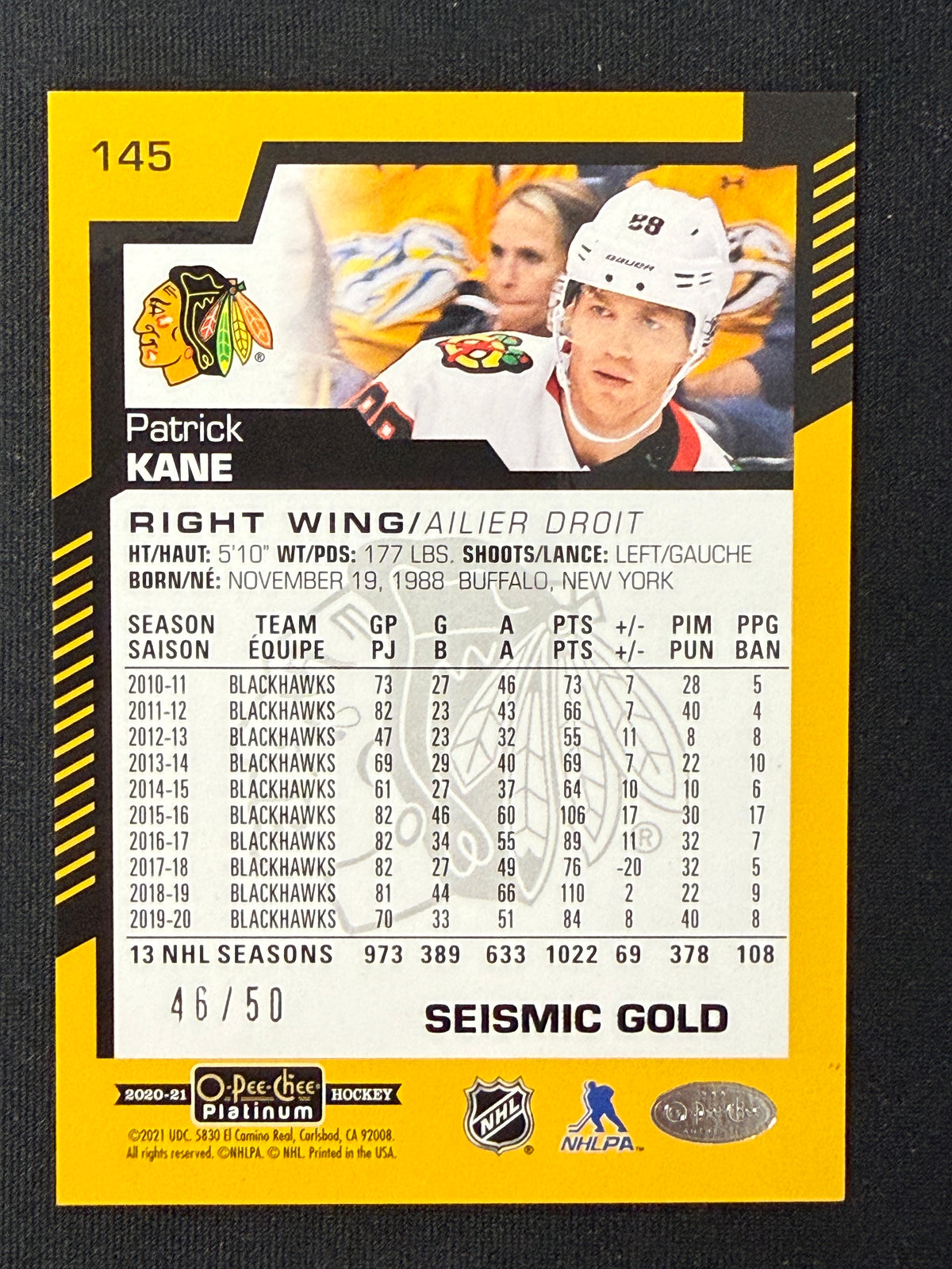 Patrick Kane #145 O-Pee-Chee Platinum [Seismic Gold] /50
