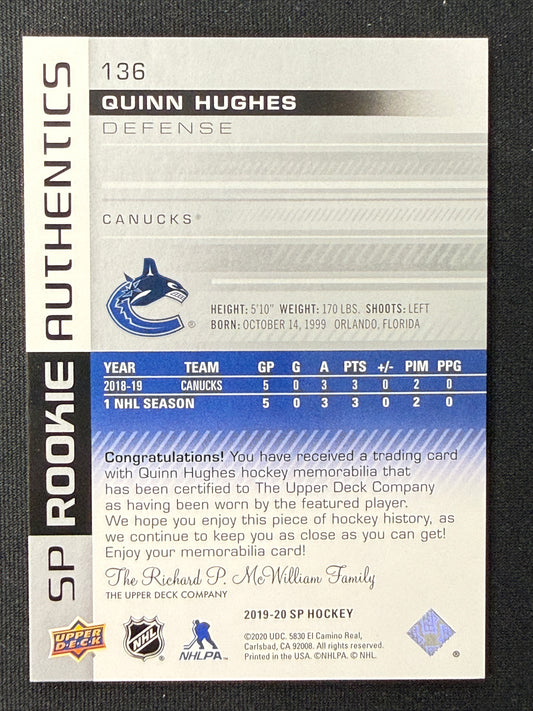 Quinn Hughes #136 SP Rookie Authentics Patch