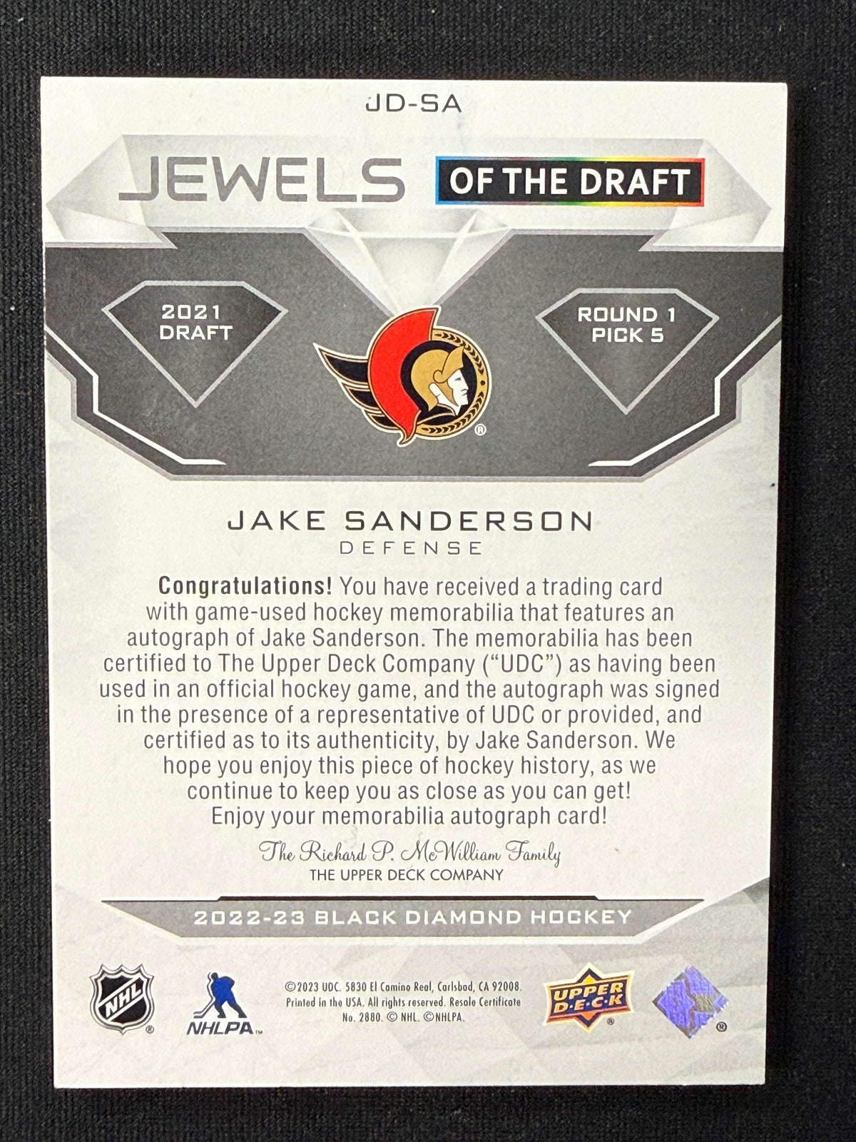 Jake Sanderson #JD-SA Jewels of the Draft | 14/49
