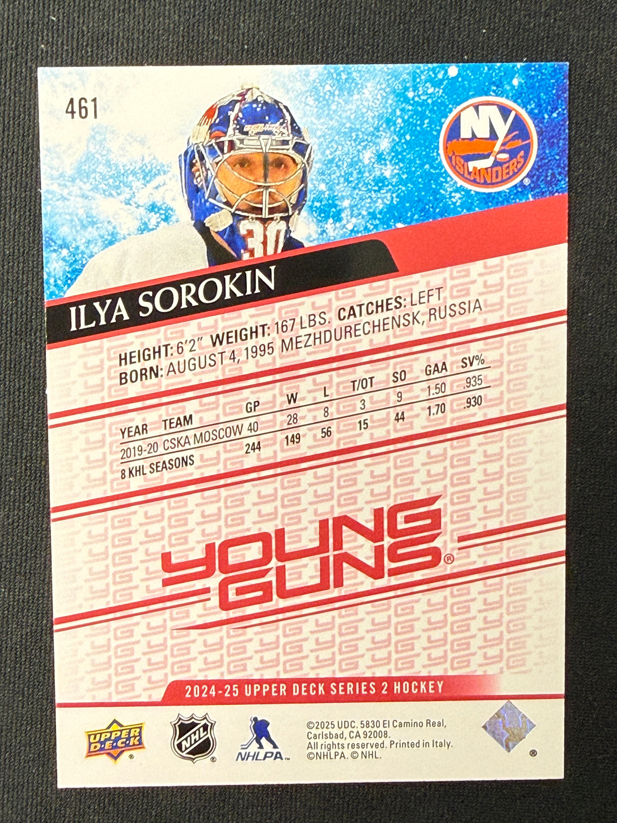 Ilya Sorokin #461 Young Guns Renewed [UD Exclusives] /100