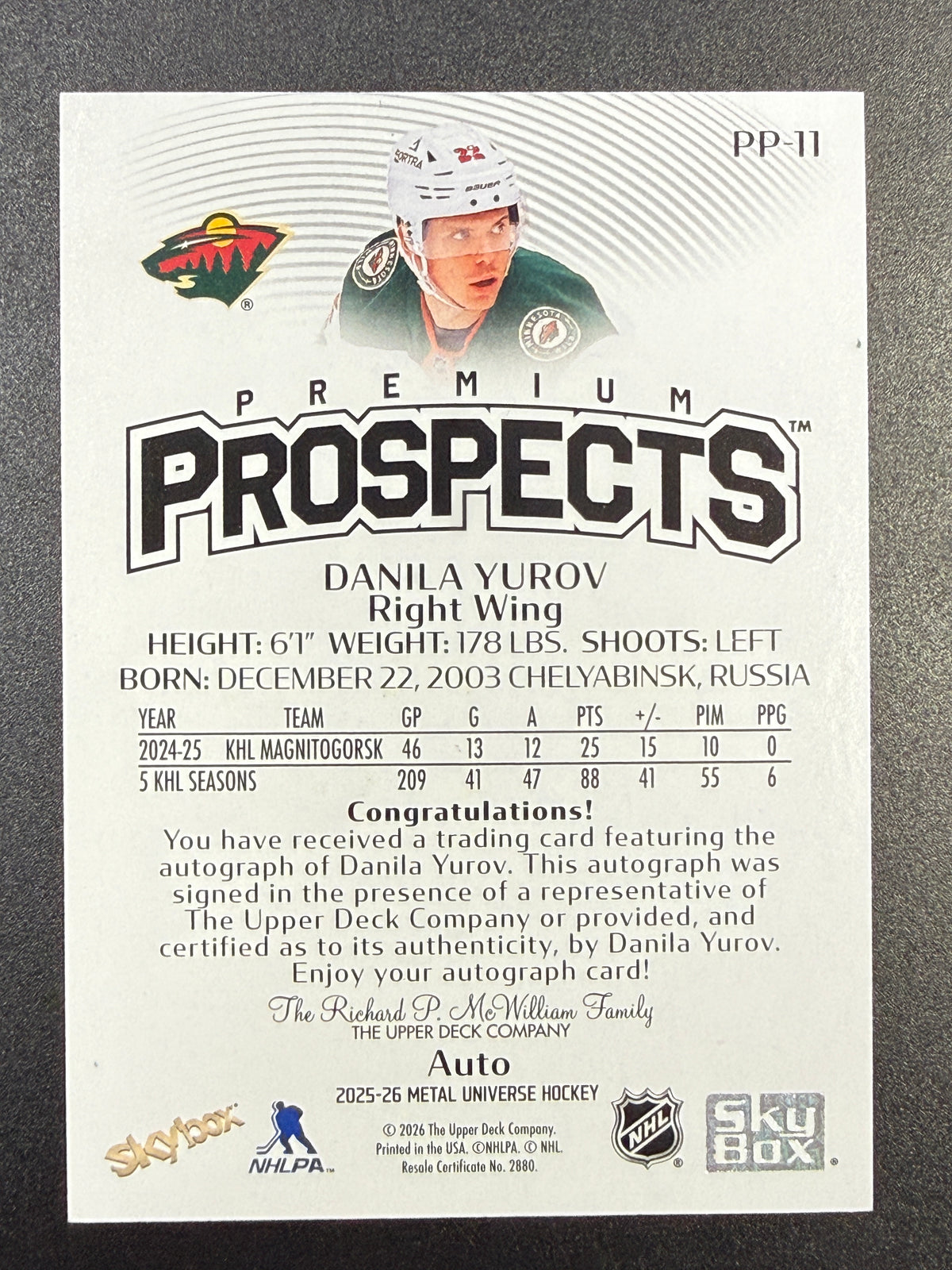 Danila Yurov [RC] #PP-11 Premium Prospects [Auto]