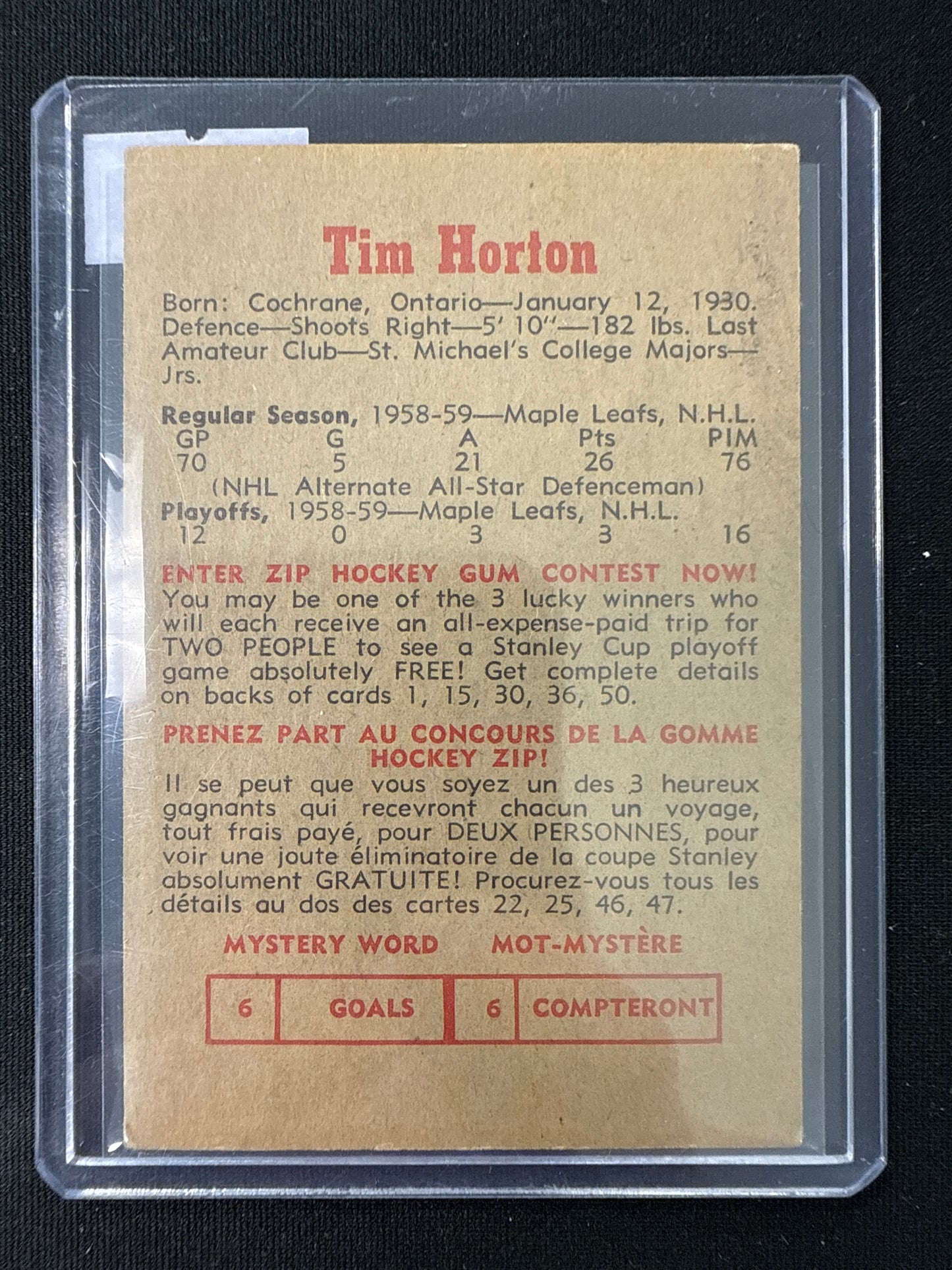 Tim Horton #23 1959-60 Parkhurst Hockey
